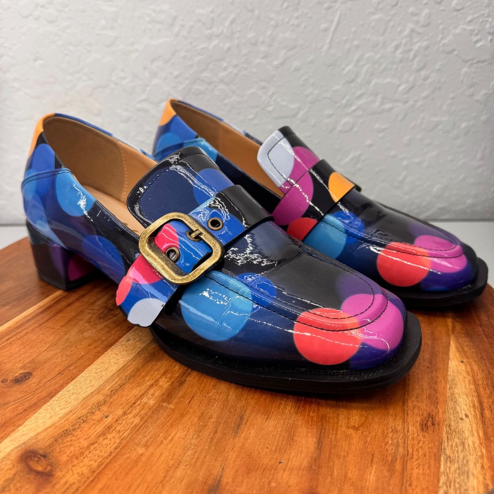 YDN Womens 9 Multicolor Polka Dot Patent Leather Loafers Block Heel Square Toe
